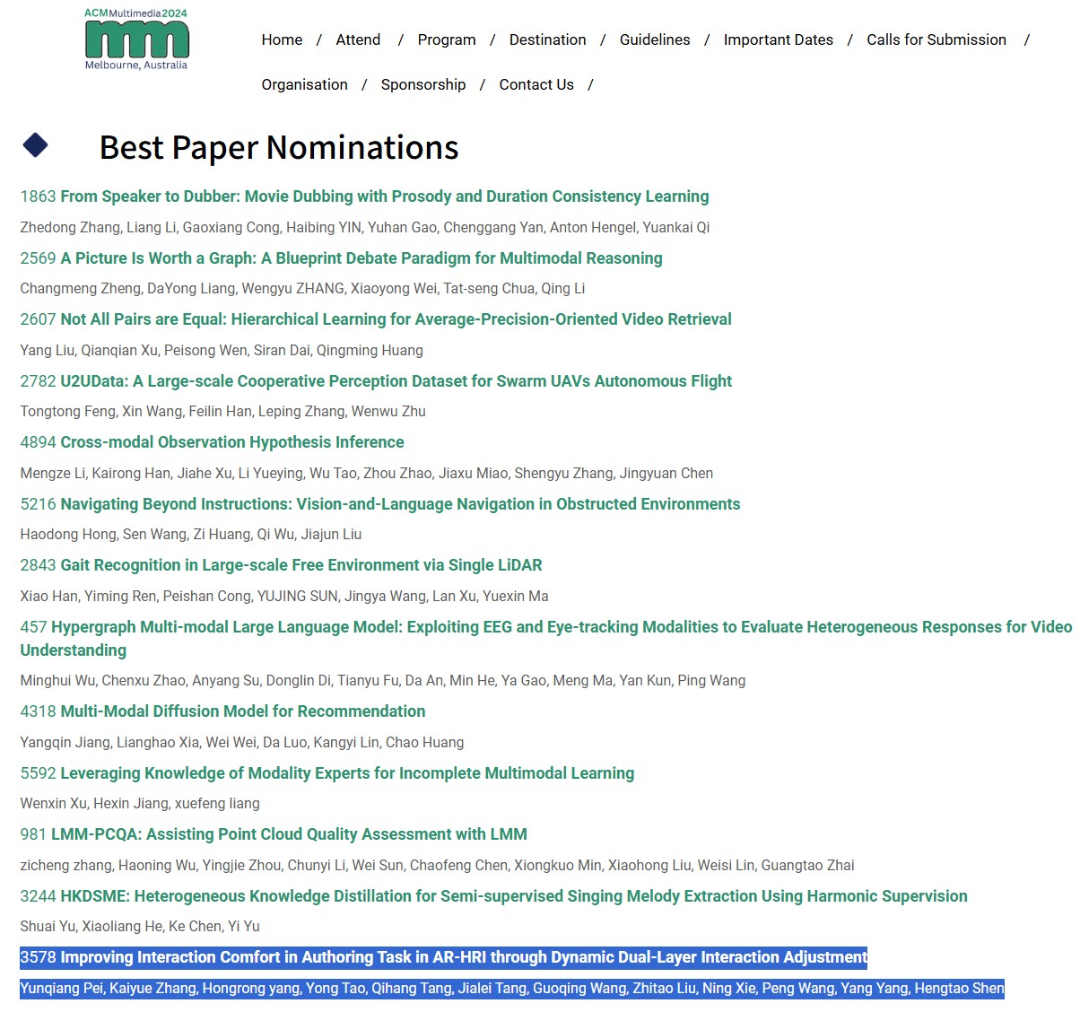 ACM MM 2024 Best Paper Nomination Award